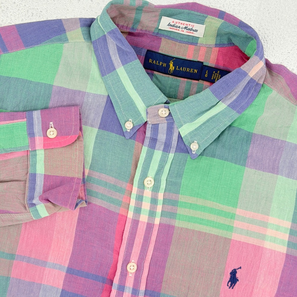 Ralph Lauren Button Down Shirt Men L Multi Color Indian Madras Plaid Cotton Pony